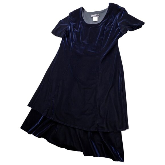 Vintage 90s Velvet Dress 16 Deep Blue Midi Tiered Flutter Sleeve Goth Holiday - Picture 3 of 8